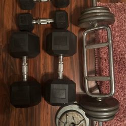 Weights 205 Lbs Total, 4 Dumbbells And Triceps Bar