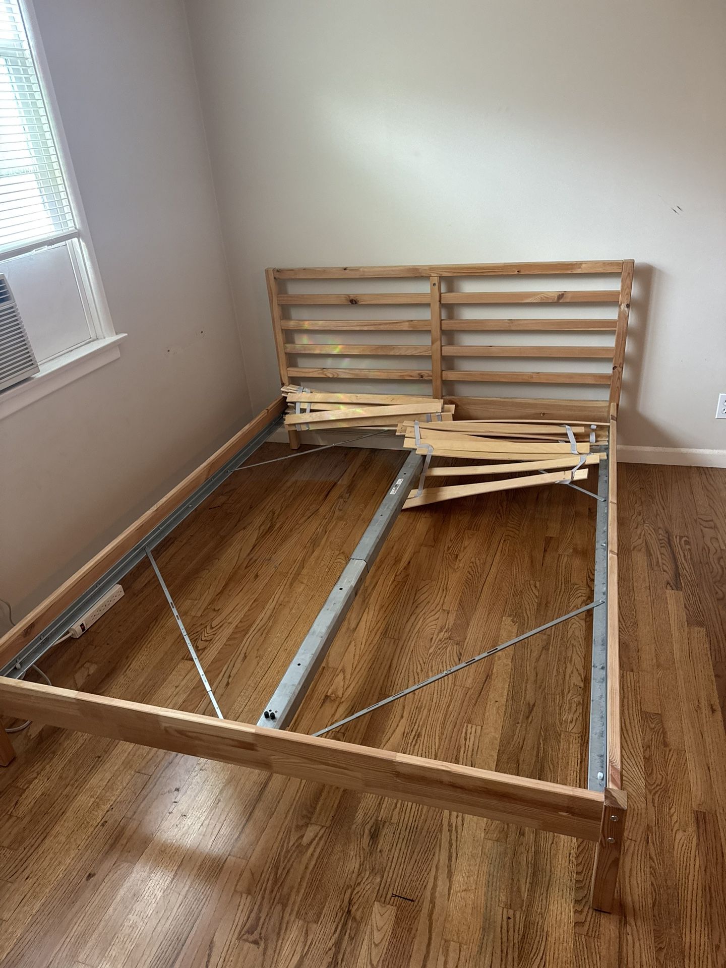 IKEA QUEEN BED FRAME, HEADBOARD AND SUPPORT SLATS