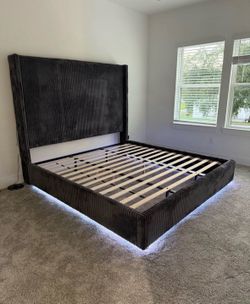 NEW IN BOX- 68” Tall Charcoal Platform Bed Frame King & Queen Size  Bluetooth Speaker, USB LED lights