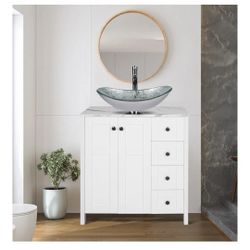 32" White Bathroom Vanity with Marble Texture Top and 4 Drawers, Modern Standing Pedestal Cabinet with Silver Boat Glass Vessel Sink
