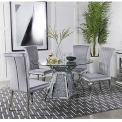 Grey Velvet Chairs With Chrome Legs Clear Glass Table Top With Mirrored Base And A Faux Crystal Inlay Brand New In Box Firm Price $1,360