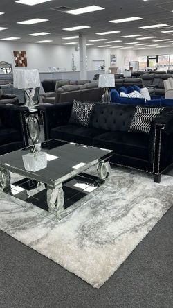 Brand New Glamorous Black Velvet Upholstery Sofa Set