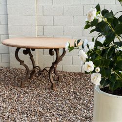 Spanish Style Stone Travertine Solid Dining Table with Heavy Metal Iron Base Outdoor