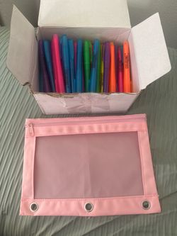Box of Highlighters with Pink Pencil Pouch