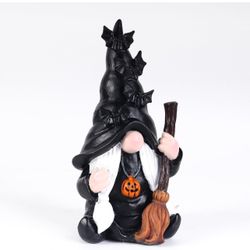 Gnomes Statues Decorations, Wizard Gnome with Broom for Halloween Decorations Indoor, Figurine for Lawn Home Ornaments Outdoor (Black&White, 6.38in*3.