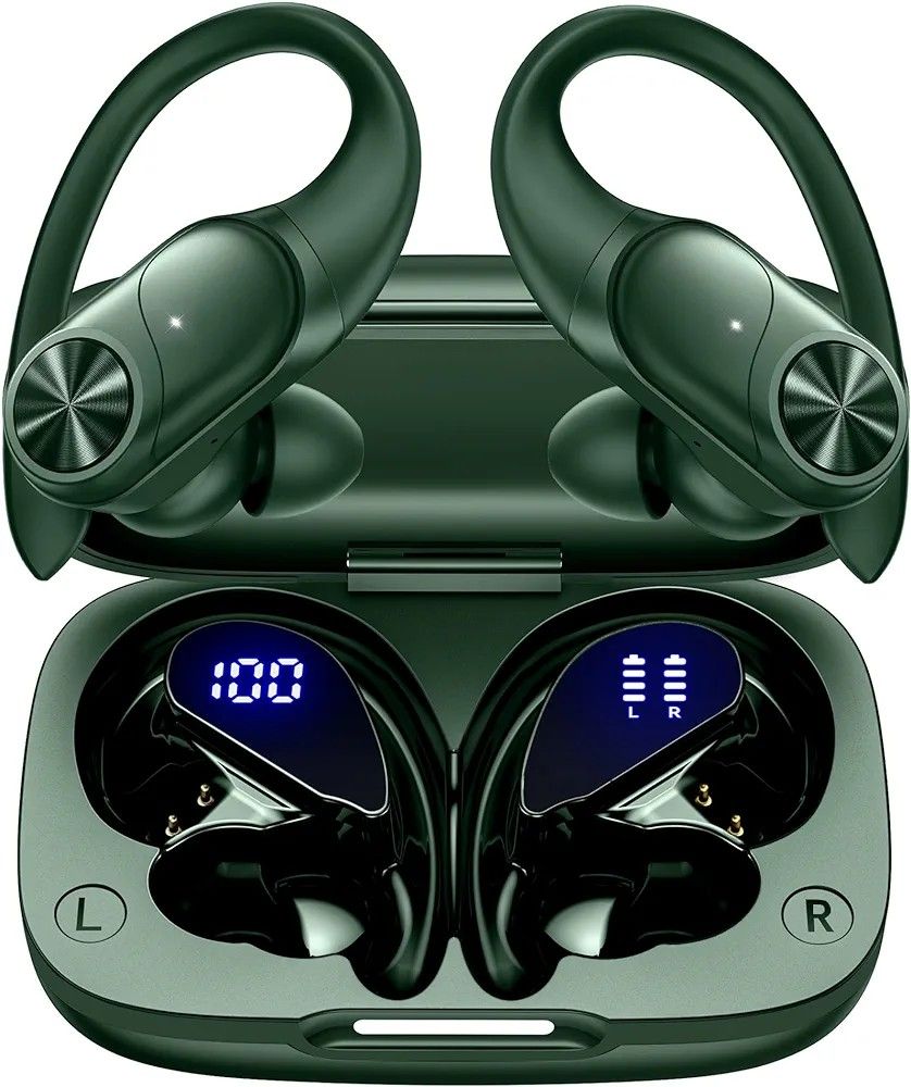 Bluetooth Headphones Wireless Earbuds 80hrs Playtime Wireless Charging Case Digital Display Sports Ear buds with Earhook Premium Deep Bass IPX7 Waterp