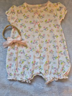 NEW! Carter's, Baby Girl Floral Romper with Bow Headband, 0-3 Mo