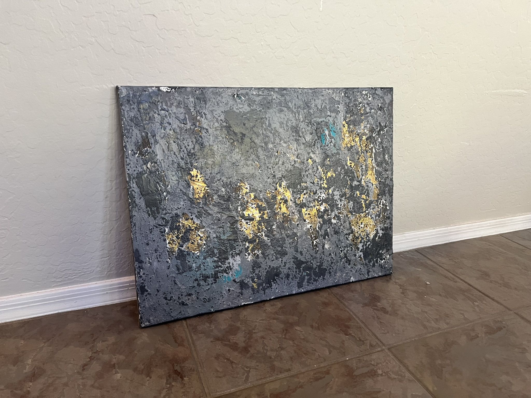 24x18 BRAND NEW Hand Painted Textured Grey/Gold/Turquoise Original Abstract Art