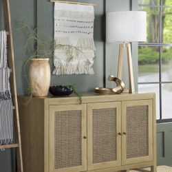 BOHO INSPIRED MANGO WOOD RECTANGULAR 3-DOOR ACCENT HALL STORAGE CABINET NATURAL FINISH