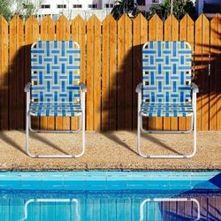 New Set of 2 Patio Lawn Chairs Folding Metal Frame Webbed Camp Chair, Blue/Green