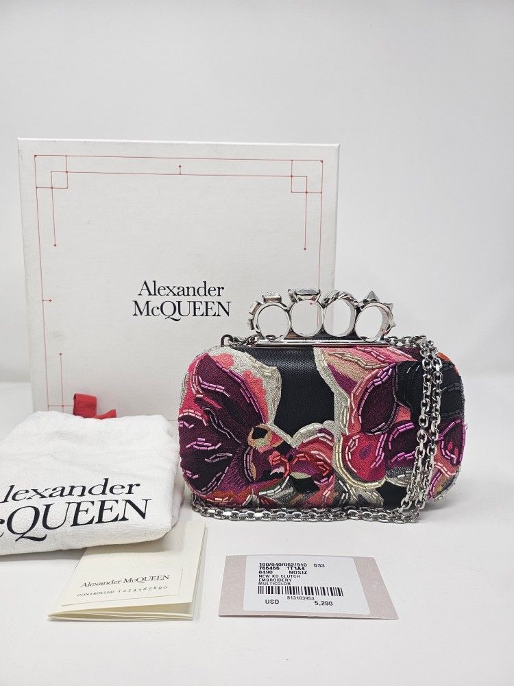 Alexander McQueen Four Ring Knuckle Purse Black Pink Embroidery Box Clutch Bag  Sequence Floral Beaded Swarovski Crystal