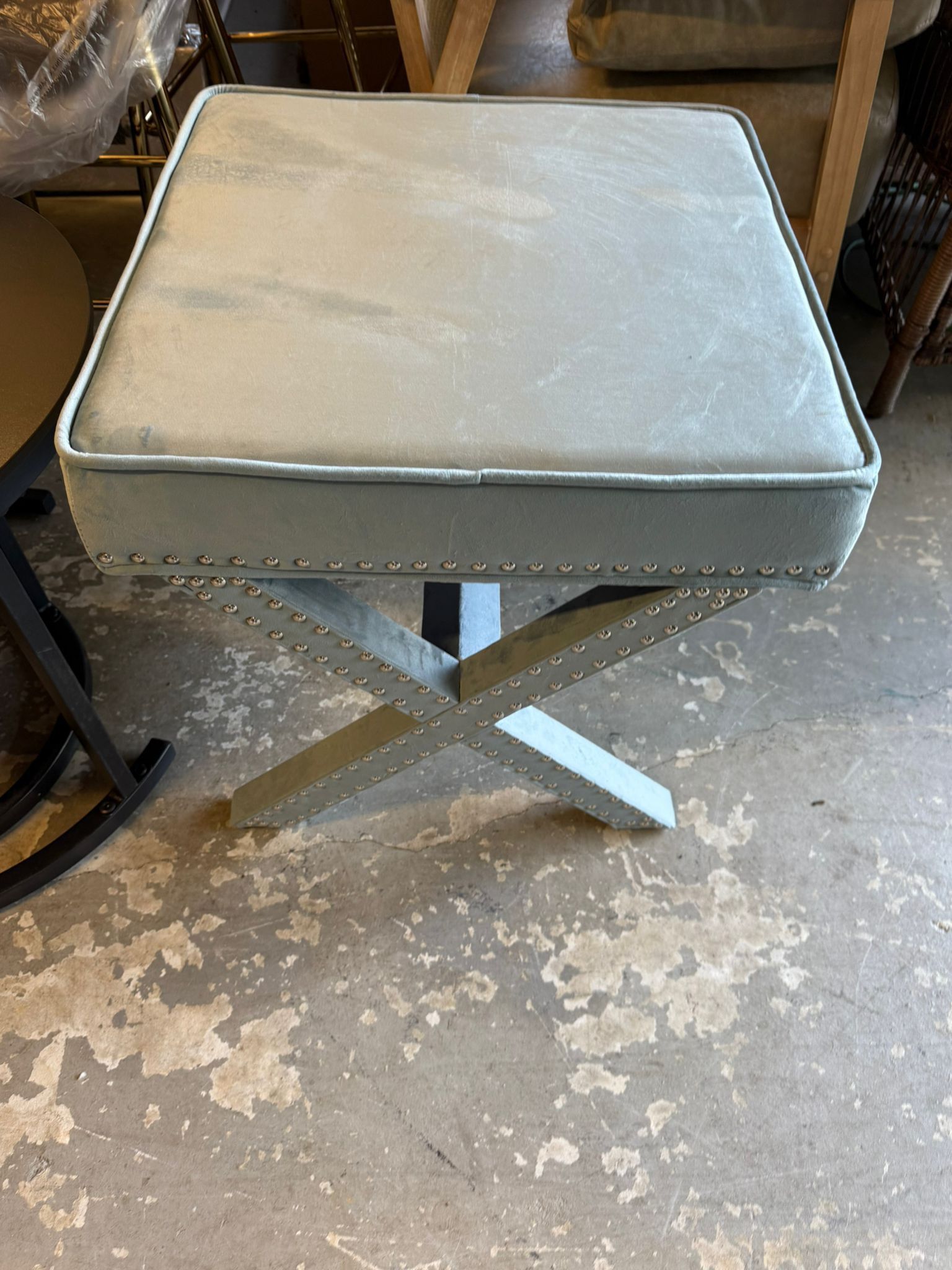Safavieh Home Collection Palmer Sky Blue with Silver Nailhead Trim X-Bench Ottoman