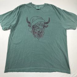 2XL Green Heavyweight Cotton T-Shirt with Bull Graphic