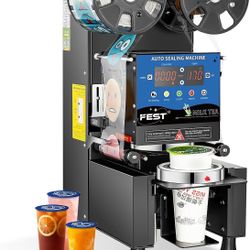 Fully Automatic Cup Sealing Machine, Electric Commercial Cup Sealer for Bubble Tea, Milk Tea, Coffee & Juice, Fits 90–95mm PP/PET/Paper Cups, 500–600 