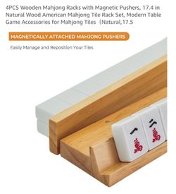 4PCS Wooden Mahjong Racks with Magnetic Pushers, 17.4 in Natural Wood American Mahjong Tile Rack Set, Modern Table Game Accessories for Mahjong Tiles（