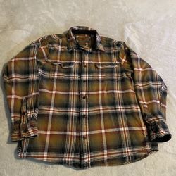 Vintage Orvis Mens Large Cotton Flannel Shirt Plaid Button Down Brown Red Olive