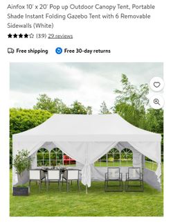 10' x 20' Pop up Outdoor Canopy Tent, Portable Shade Instant Folding Gazebo Tent with 6 Removable Sidewalls (White

