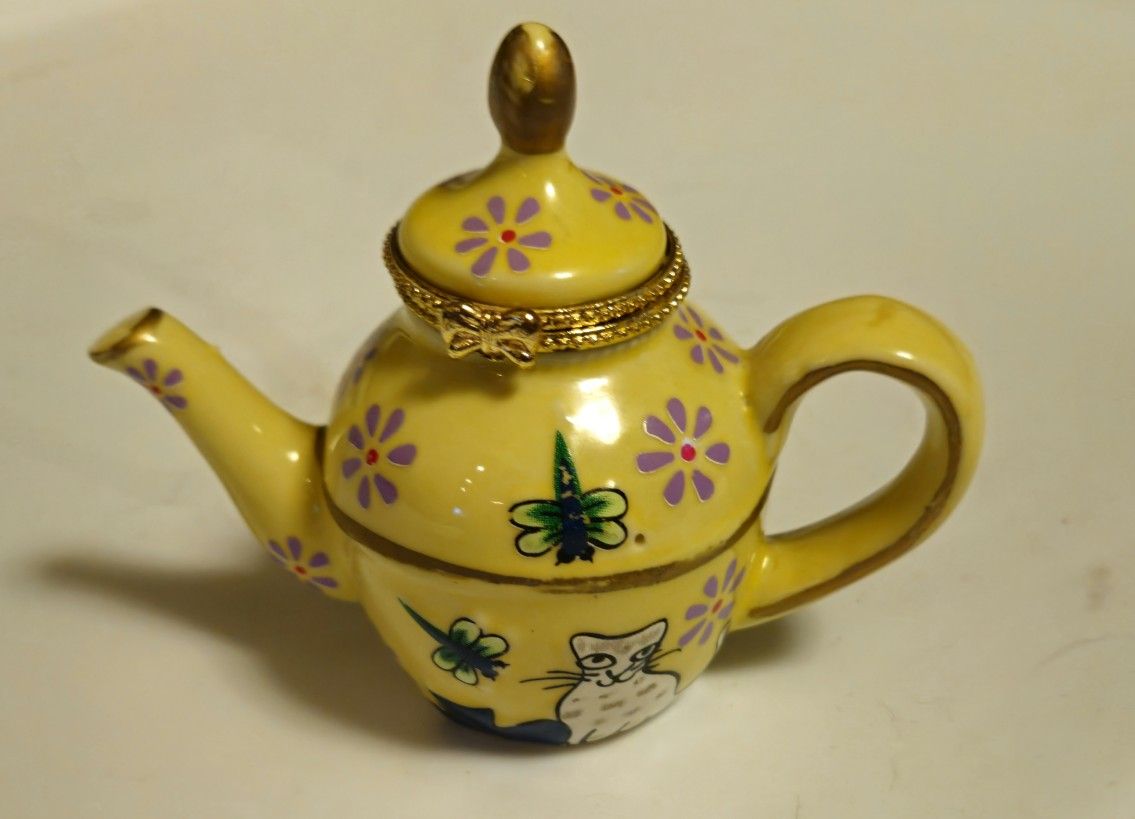 Miniature Hand-Painted Enamel Teapot Trinket Box – $20