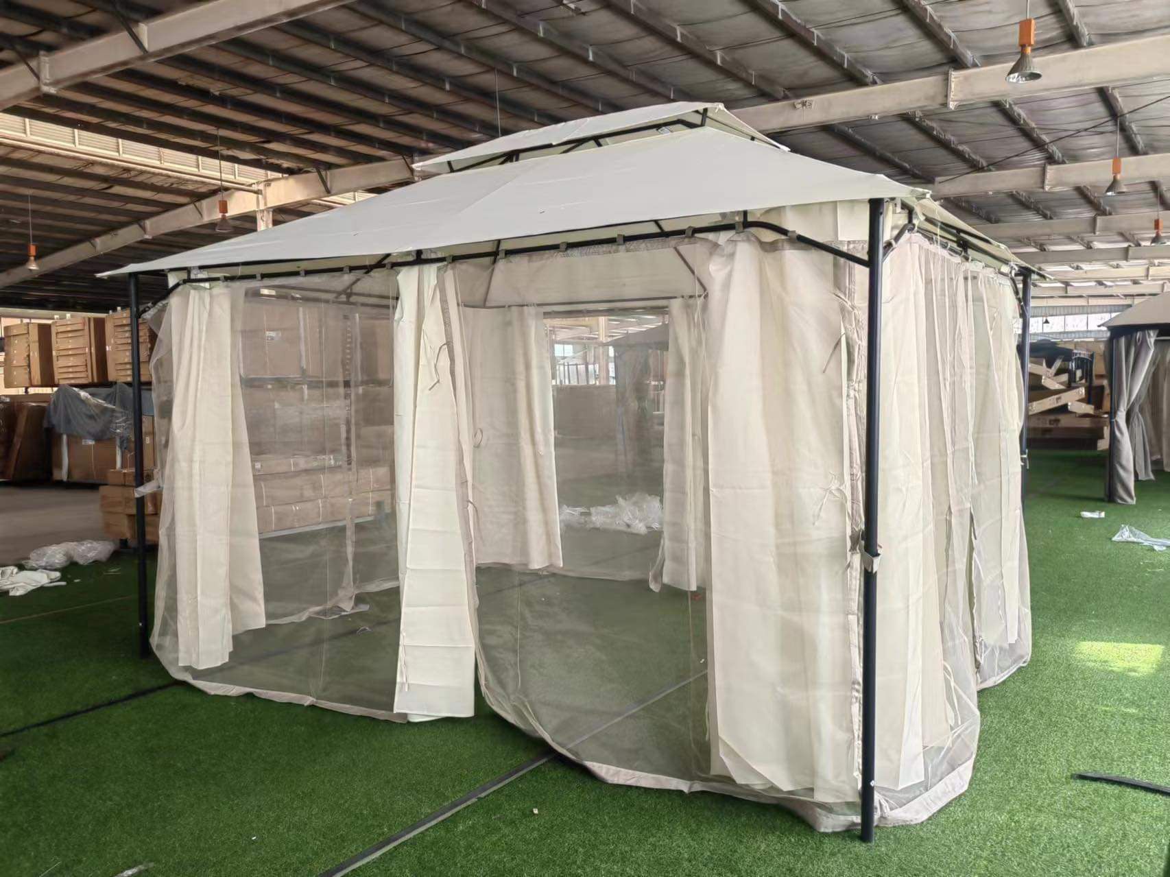 10' x 13' Outdoor Patio Gazebo with Curtains and Netting, 2-Tier Roof Pavilion Vented Canopy Tent, Steel