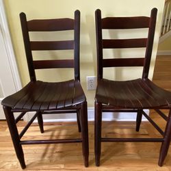 Antique Pair Solid Wood Ladder Back Slat Seat Chairs 