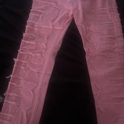 pink stacked jeans