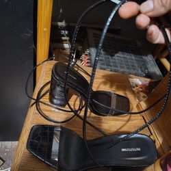 Black Croc Squared Heels With Clear Strap And Strings