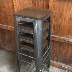 4 Stackable Metal Backless Bar Stools with Wood Seat