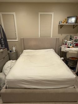 RH Upholstered Bed Frame with Wingback Headboard Queen