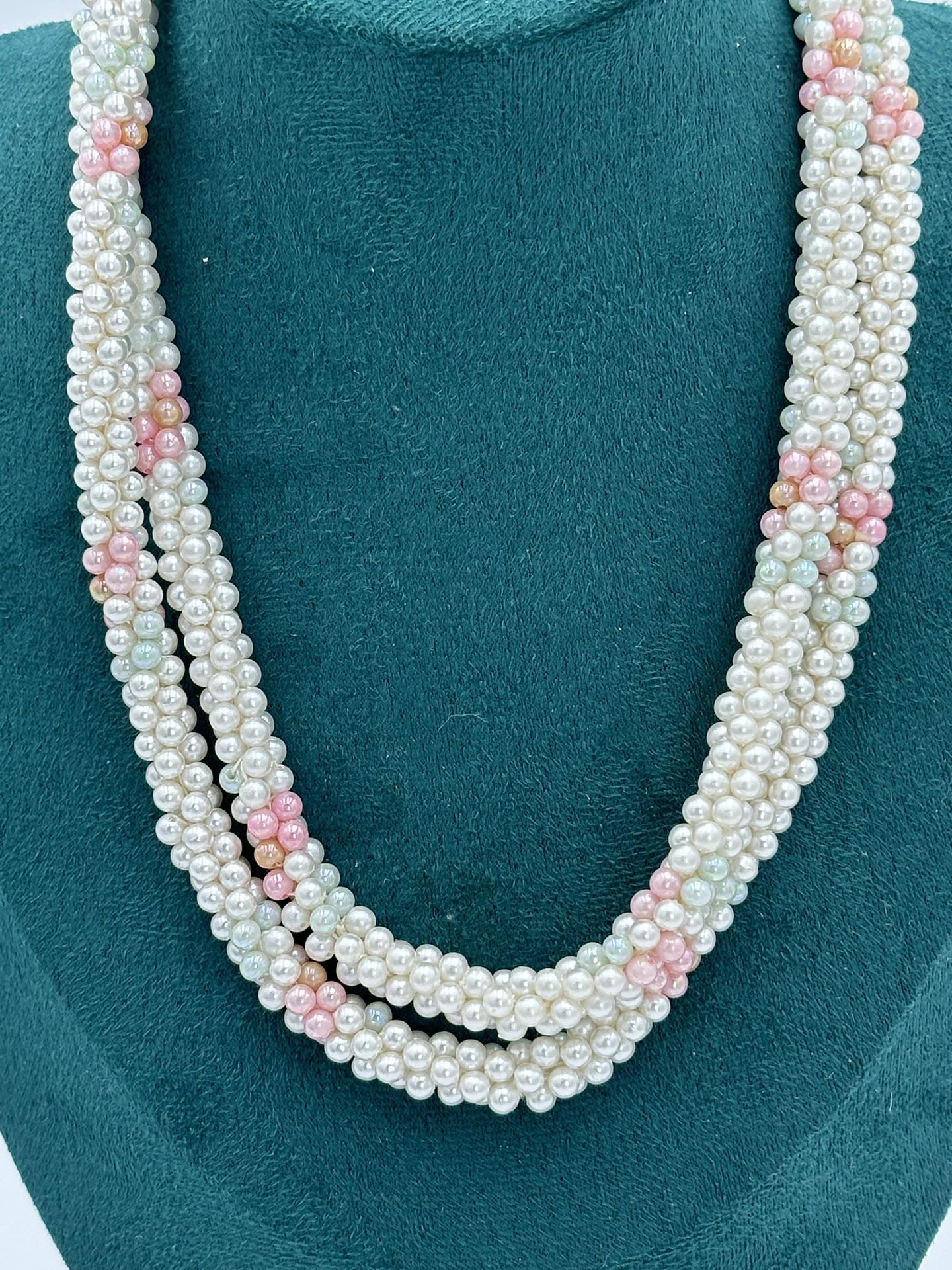 Vintage Pink & White Faux Seed Pearls Twisted Rope Necklace Germany 37” Long Great Condition