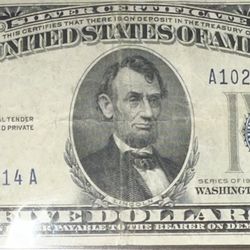 1934 $5 Bill Silver Certificate Good Condition Blue Seal Certified 