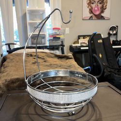 Silver Diamond Chrome Fruit Basket with Banana Tree Sparkly Rhinestone Kitchen Storage Home Decor