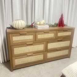 SICOTAS 7 Drawer Dresser for Bedroom, 57" Wide Rattan Dressers, Large Chest of Drawers for Bedroom, Dresser TV Stand, Boho Closet Organizer (Reclaimed