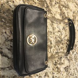 Michael Kors Bag Clutch Logo Embossed Black Leather, gold chain