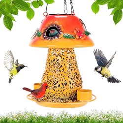Mushroom Solar Bird Feeders for Outdoors Hanging Metal Wild Bird Feeder