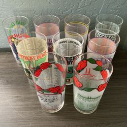 COLLECTION OF VINTAGE “KENTUCKY DERBY GLASSES”. 9 TOTAL, 7 DIFFERENT ONES. 