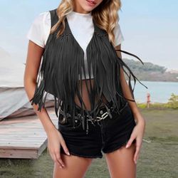 Vest for Womens Vintage Sleeveless Crop Vest Slim Fit Classic Suede Leather Cowboy Western Fringe 