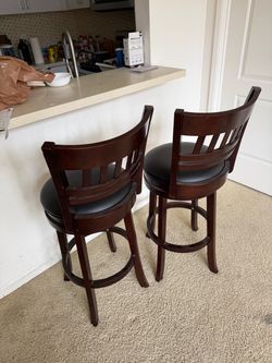 Set of 2 Swivel Bar Stools - Dark Espresso Wood & Black Faux Leather