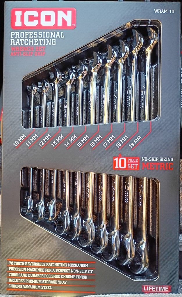ICON Professional Ratcheting Wrench Set Anti Slip Metric 10pcs