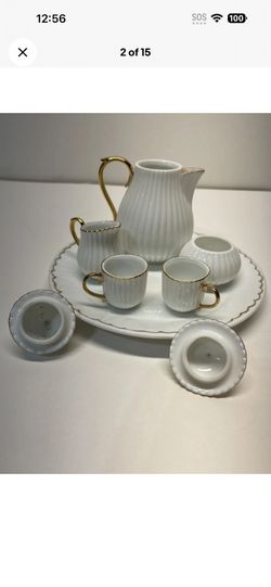 Vtg. White, Gold Trim Braum Bros. Mini Porcelain Tea Set with Tray