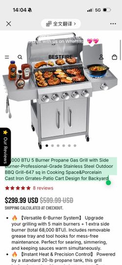 68,000 BTU 5 Burner Propane Gas Grill with Side Burner-Professional-Grade Stainless Steel Outdoor BBQ Grill-647 sq in Cooking Space&Porcelain Cast Iro