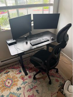 Standing desk with chair and dual monitor mount