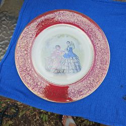 Century by Salem, 23 KT Warranted, USA, Charger Plate, Wall Decor Collection, Colonial Garden Ladies, Red Gold Filigree, 