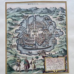 Vintage Mexico City Map – Mexico Regia et Celebris Hispaniae Novae Civitas – Braun & Hogenberg Historic City View Reproduction – Hand-Colored