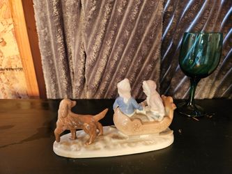Vintage Paul Sebastian's Meico Porcelain Boy and Girl in Sled w/ Retriever Dog