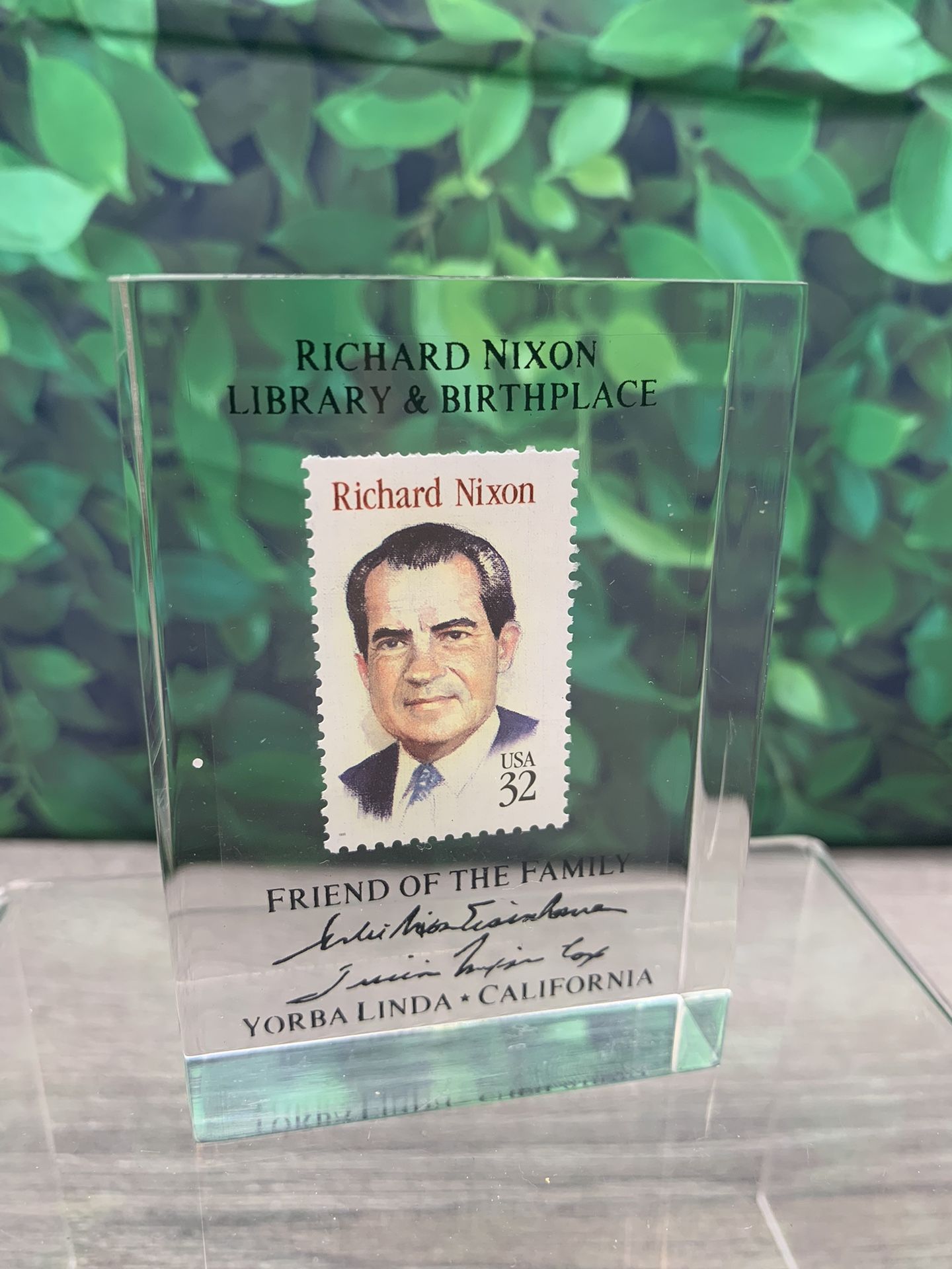President Richard Nixon Library & Birthplace Acrylic Paperweight with 32c stamp