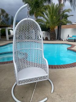 White Wicker Hanging Egg Chair with Stand
