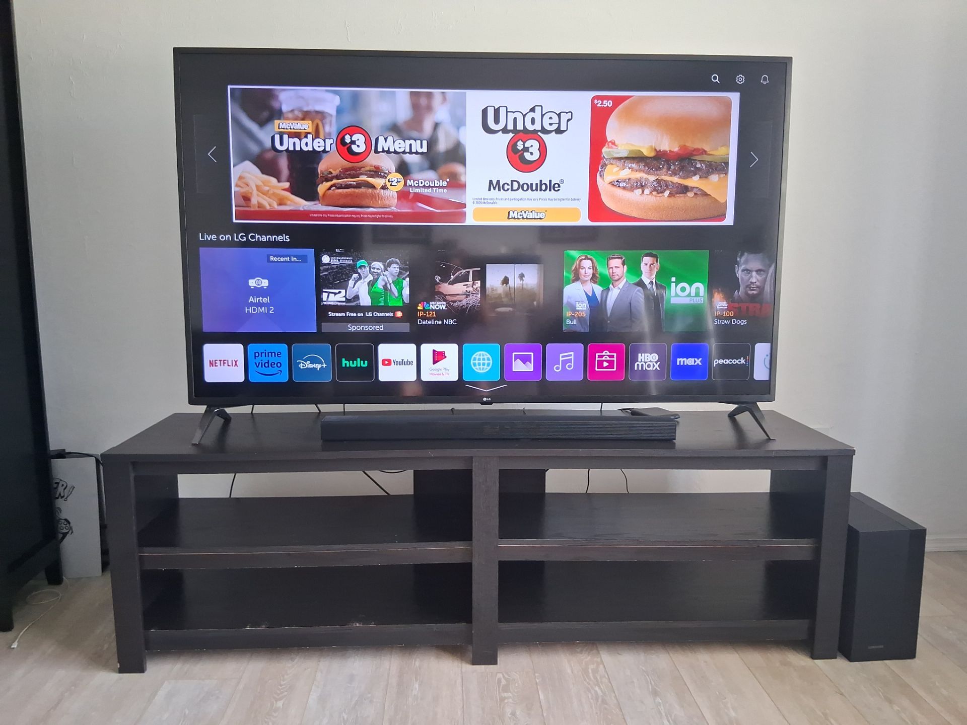 70” LG 4K TV + Samsung Soundbar/Subwoofer + TV Stand