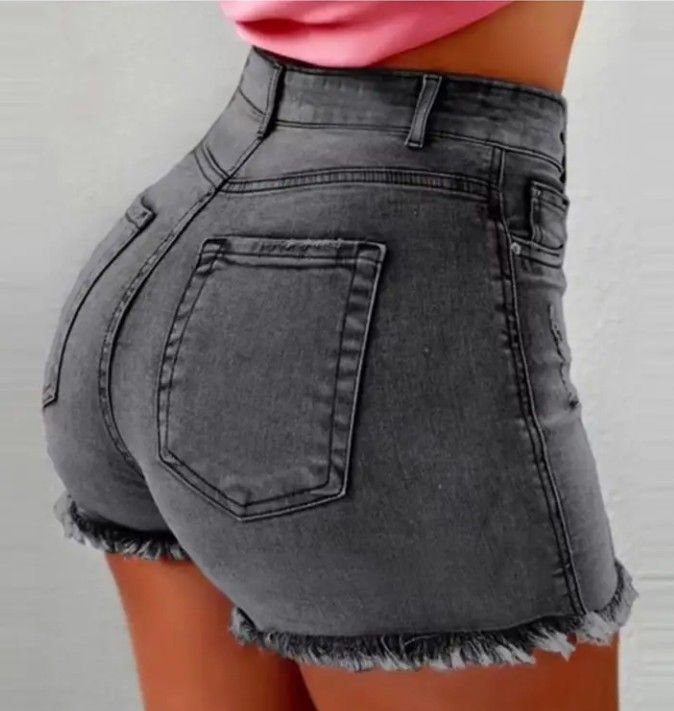 Women's High-Waist Black Denim Shorts with Fringe Detail - Stylish Slimming