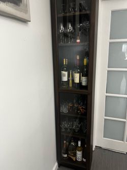 Tall Dark Wood Glass Door Bar Cabinet