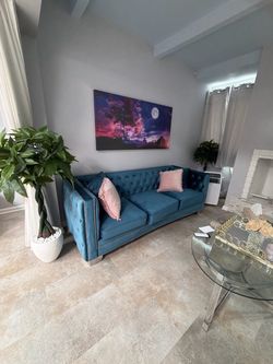 Blue Velvet Sofa / Coach  & Matching Accent Chair - Tufted - Silver Nailhead Trim - Modern Design